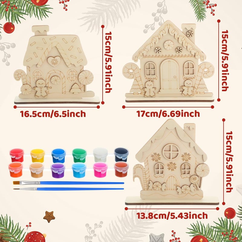 DoubleFill 6 Set DIY Wood Christmas Gingerbread House Paint Craft Kit Unpainted Ceramics Plaster Keepsake with Painting Set for Christmas Holiday Party DIY Art Project Decoration Paint Brushes - Image 2